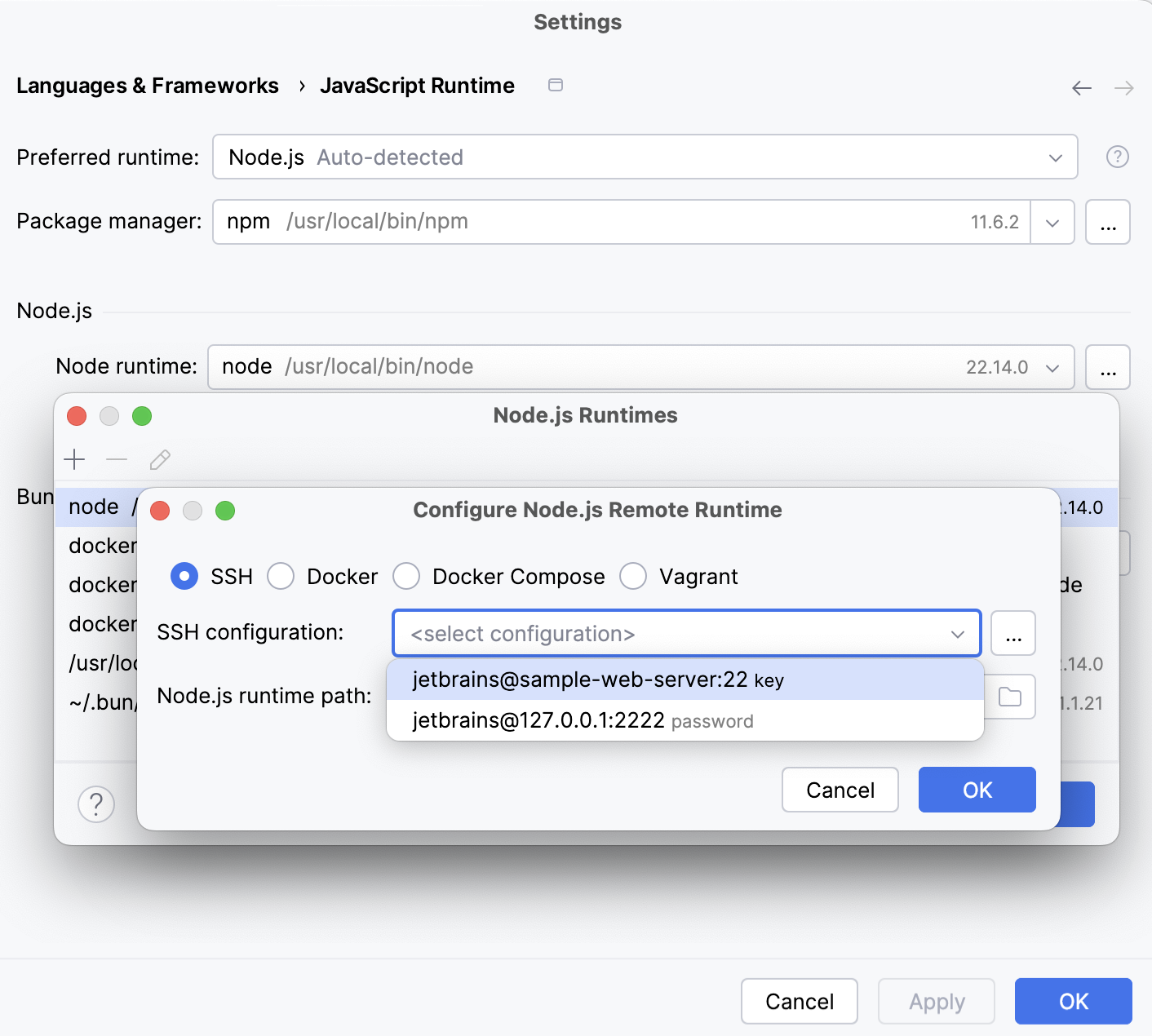 Configure remote Node.js runtime via SSH: select SSH configuration Configure remote Node.js runtime via SSH: select SSH configuration