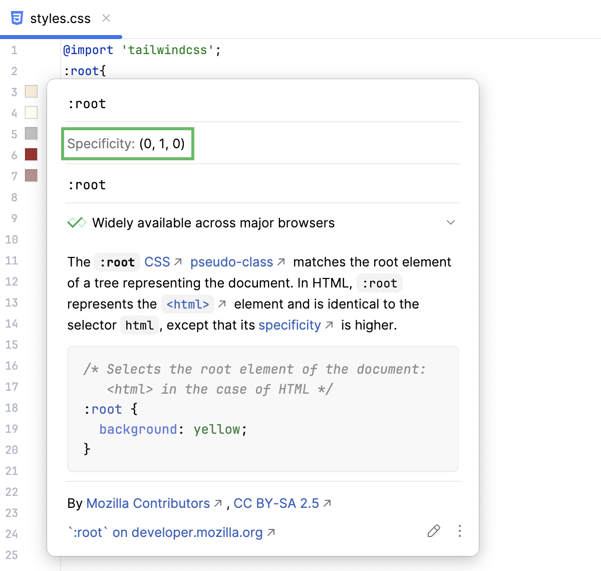 Documentation look-up: specificity fpr selectors