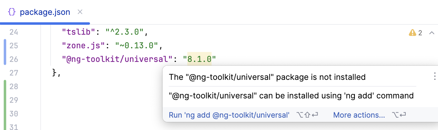 JetBrains&nbsp;Rider suggests adding a dependency with ng add