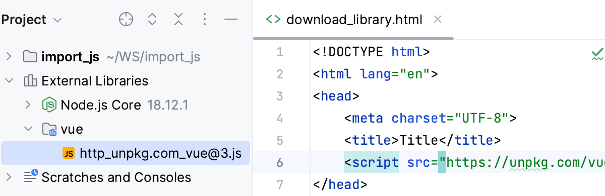 Downloaded CDN library is shown under the External Libraries node Downloaded CDN library is shown under the External Libraries node