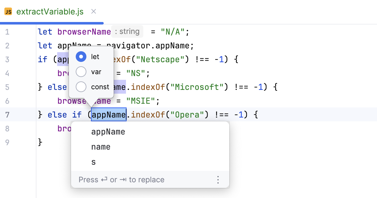 Extract variable - choose the declaration type Extract variable - choose the declaration type