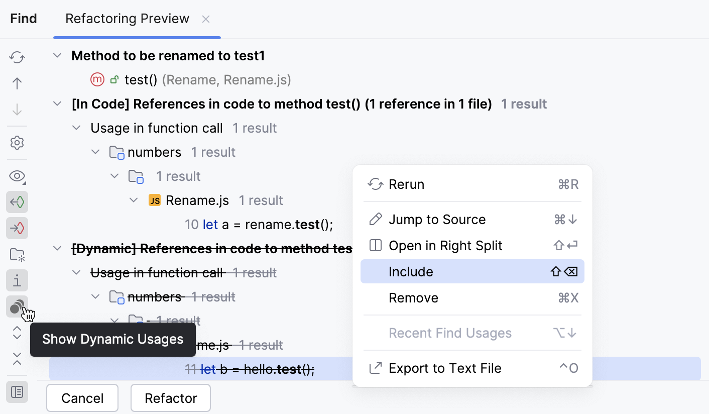 Refactoring preview for dynamic usages Refactoring preview for dynamic usages