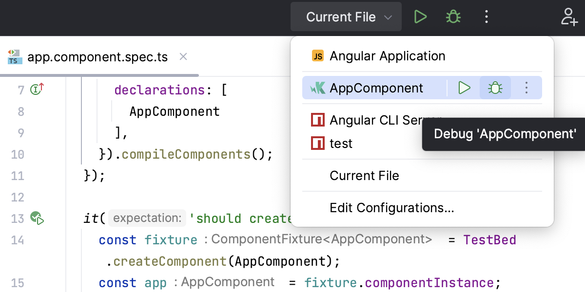 Run widget: Debug Test Run widget: Debug Test