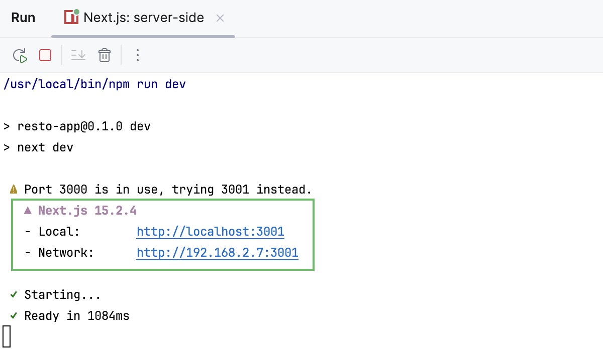 Run tool window with a link to the app Run tool window with a link to the app