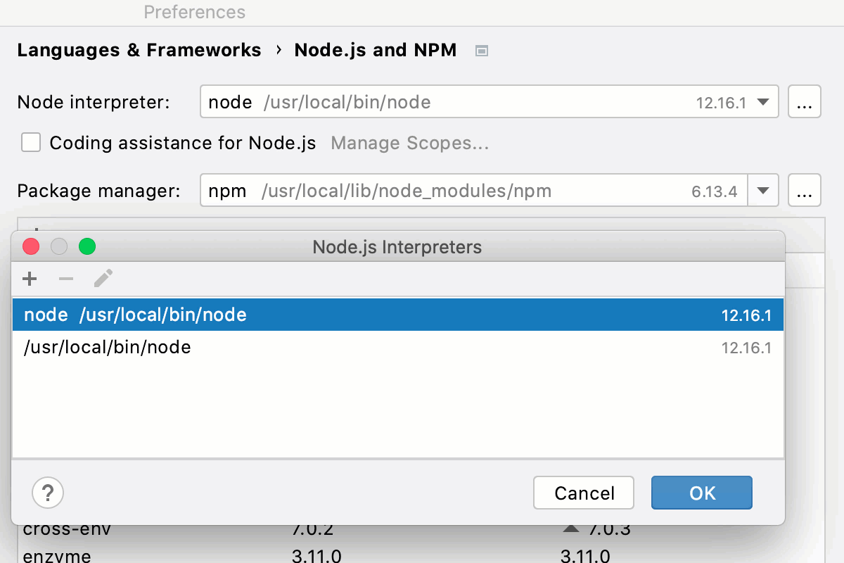 Open the Node.js Runtimes dialog from Settings