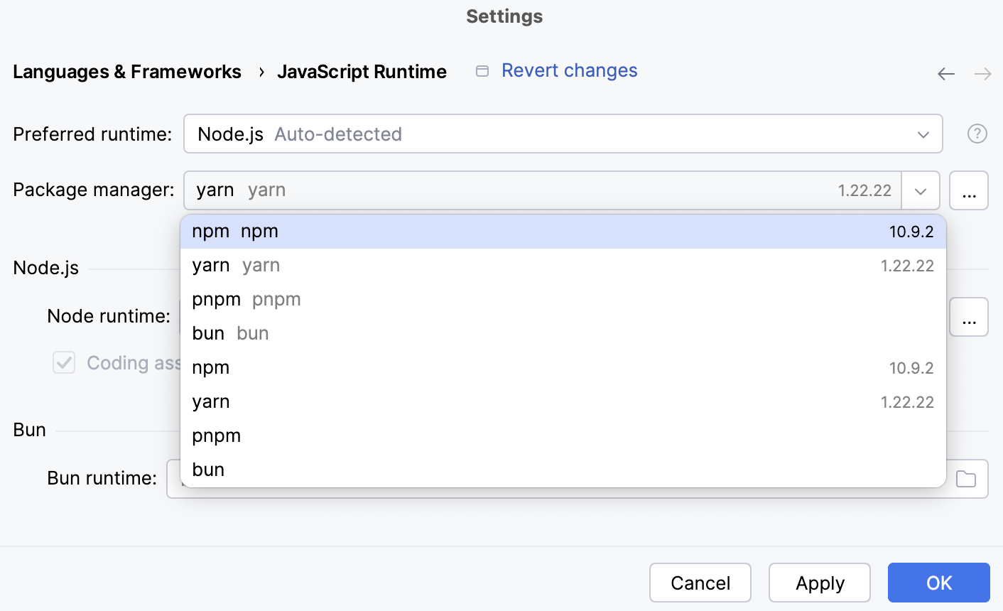 Settings: newly configured remote Node.js runtime selected as default Settings: newly configured remote Node.js runtime selected as default