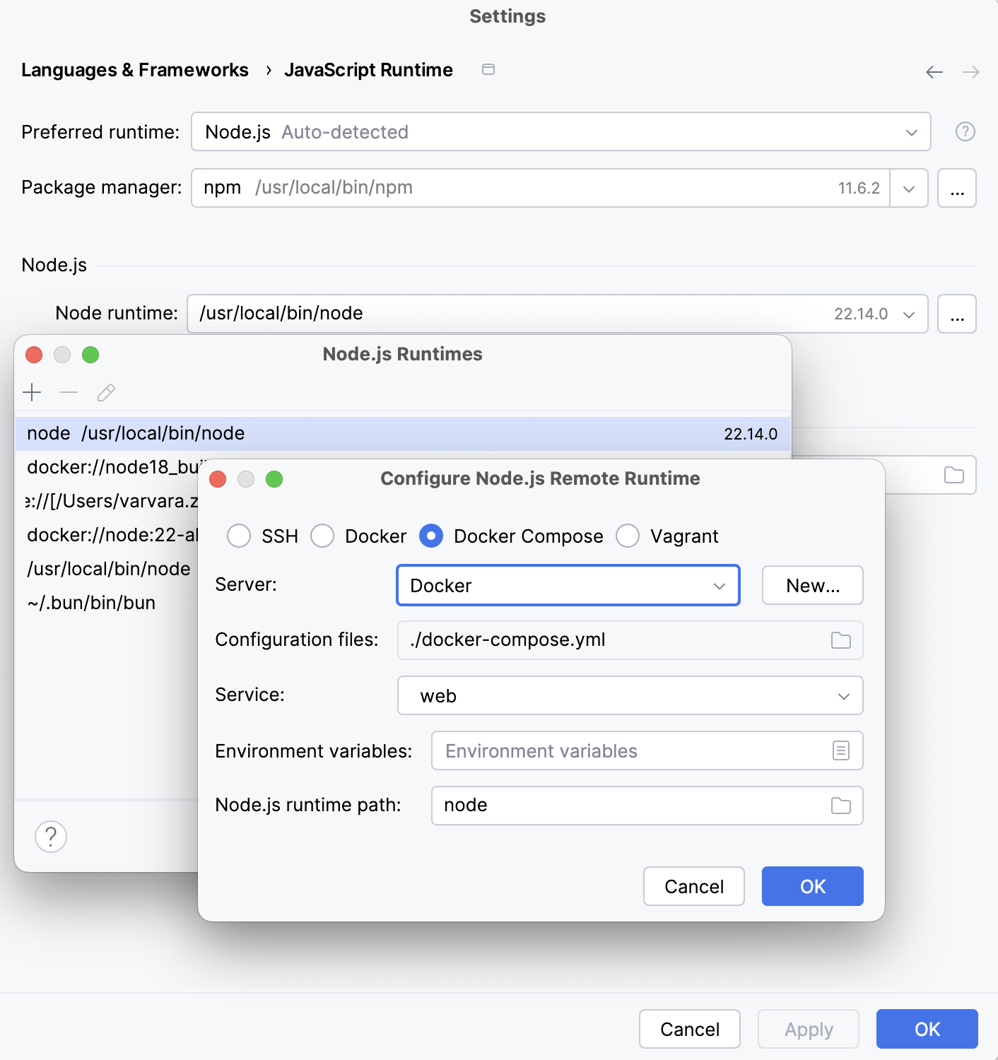 Configure a Node.js runtime via Docker Compose: select the Docker Server Configure a Node.js runtime via Docker Compose: select the Docker Server