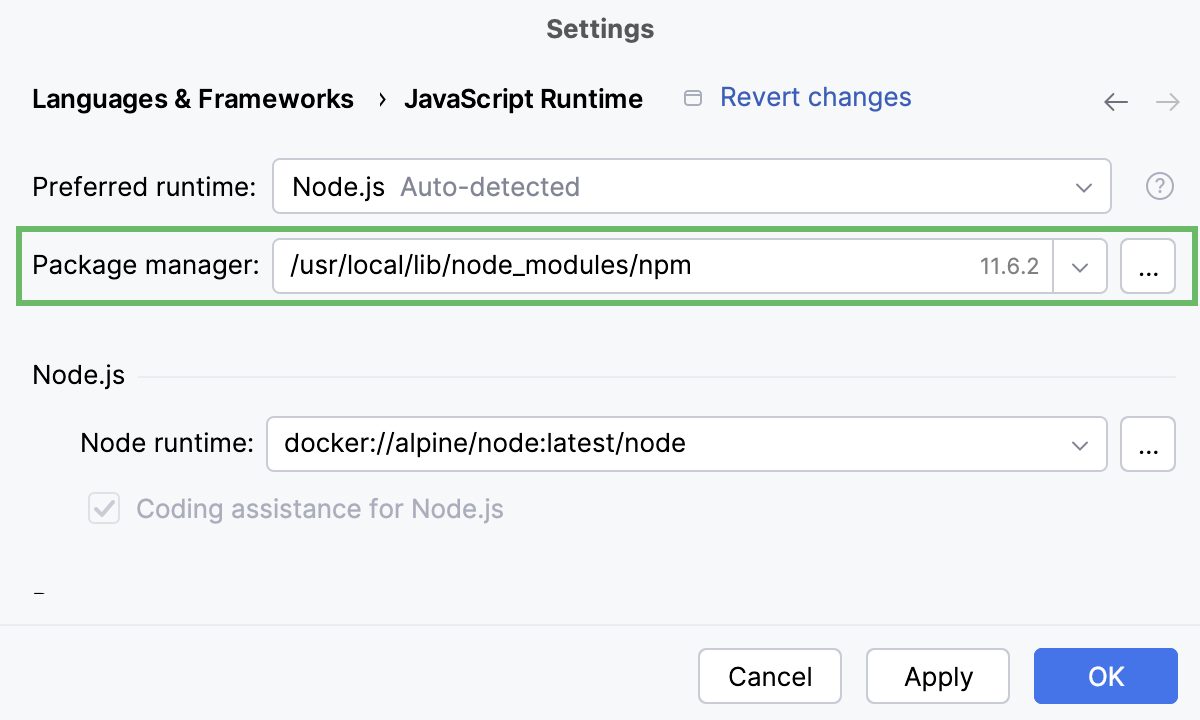 Configure Node.js runtime in Docker container: set as default project interpreter