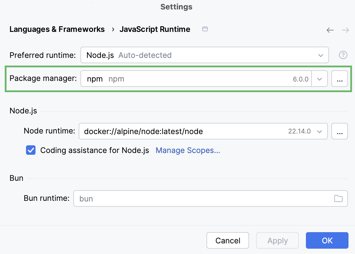 Settings: newly configured remote Node.js runtime selected as default