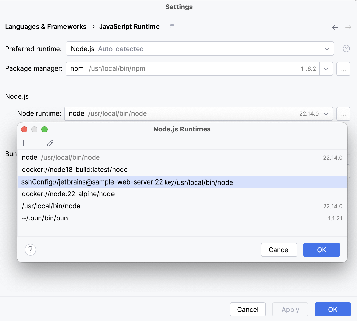 Remote Runtimes dialog: the new Node.js runtime via SSH added to the list Remote Runtimes dialog: the new Node.js runtime via SSH added to the list