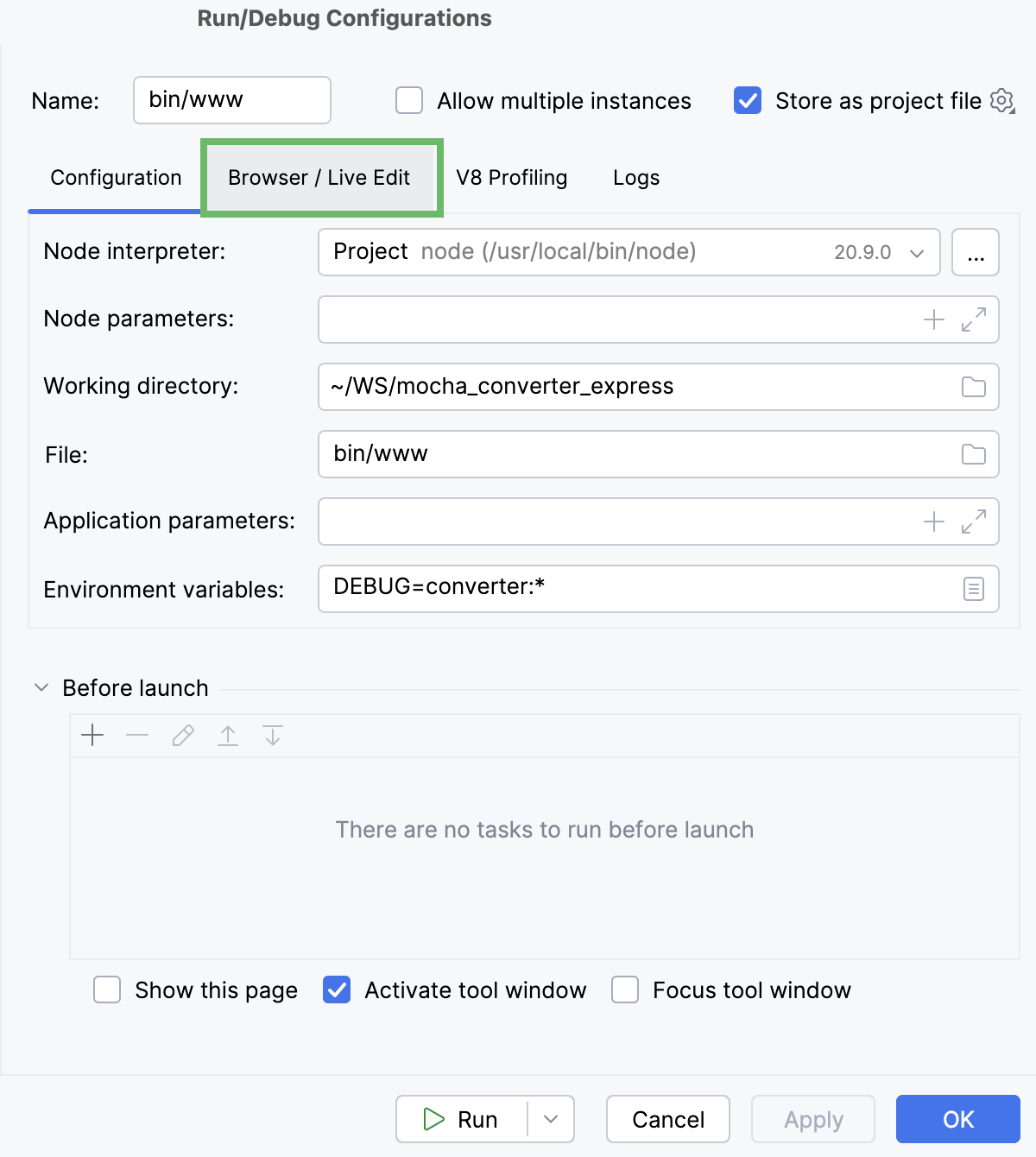 Run/Debug configurations: Node.js dialog, switch to the Browser/Live Edit tab Run/Debug configurations: Node.js dialog, switch to the Browser/Live Edit tab
