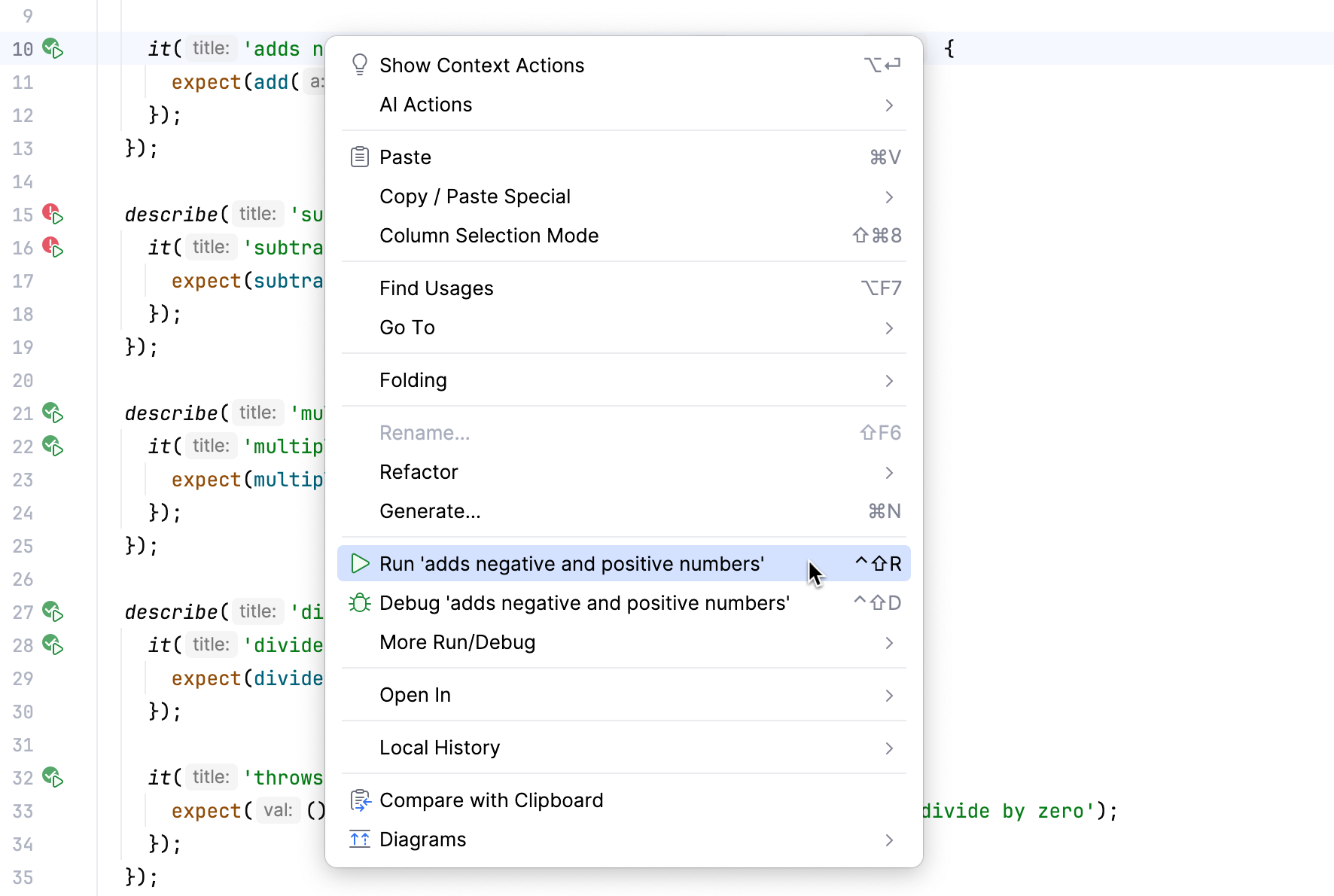 Rerun single failed test from the editor: context menu Rerun single failed test from the editor: context menu