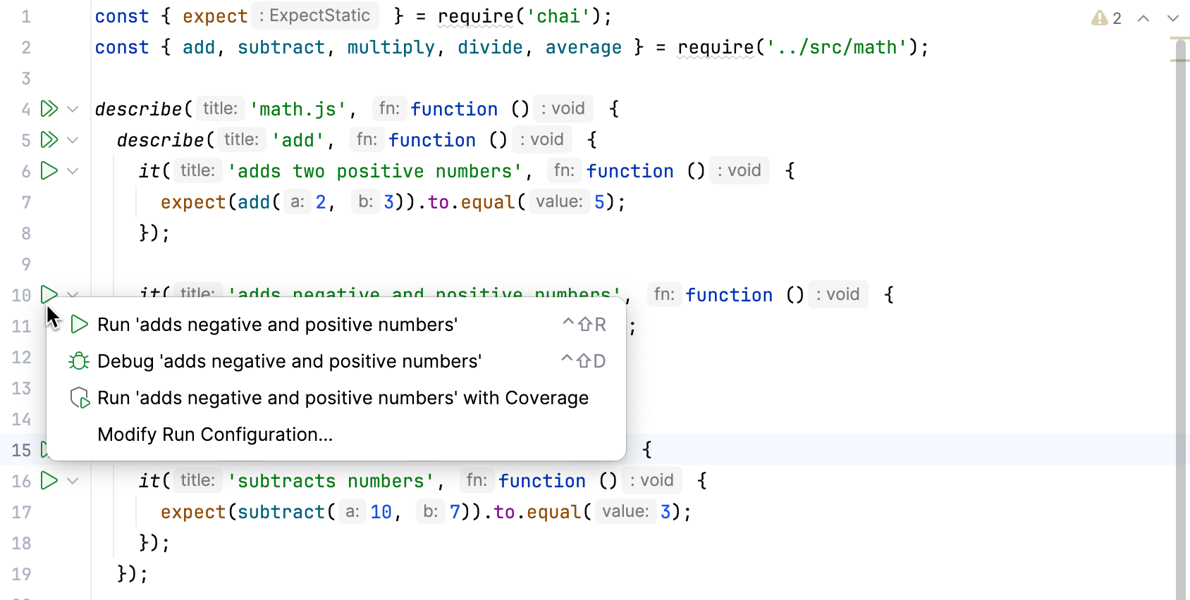 Run a Mocha test from the editor Run a Mocha test from the editor