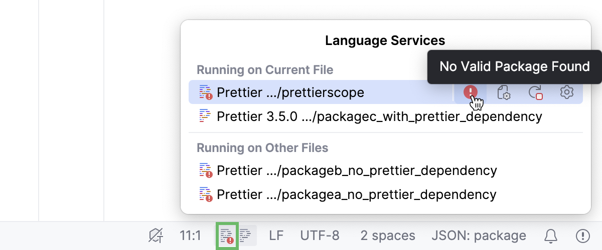 Prettier language status widget - an error is detected