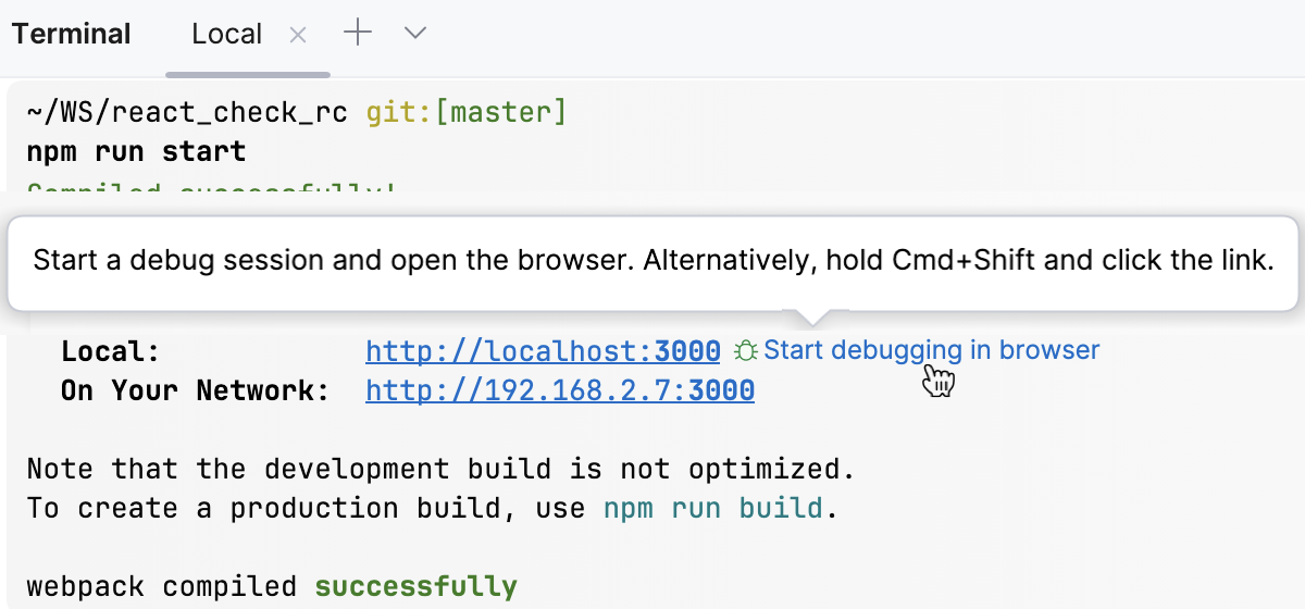 New Terminal: the Start debugging in browser button New Terminal: the Start debugging in browser button