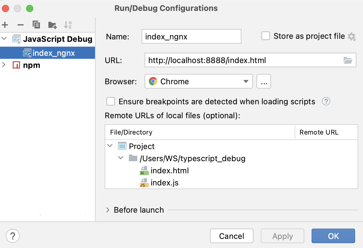 Debug client-side TypeScript on an external server: run configuration Debug client-side TypeScript on an external server: run configuration