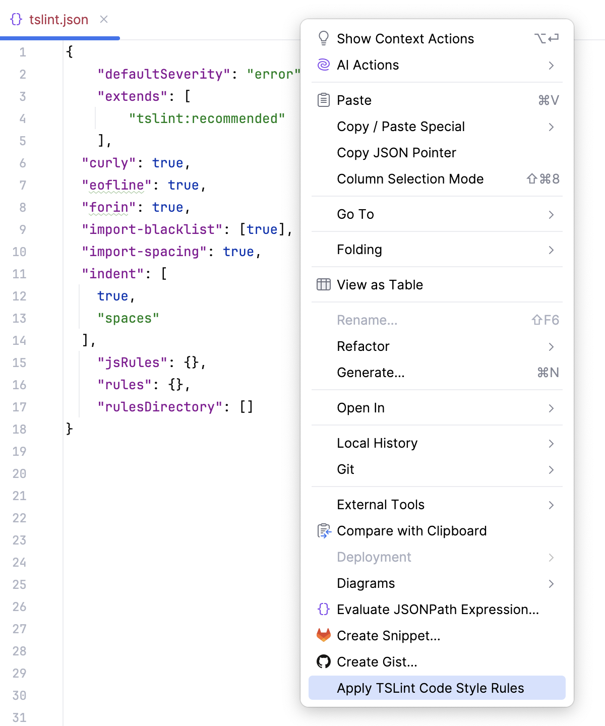 Import TSLint code style rules from the editor: context menu Import TSLint code style rules from the editor: context menu