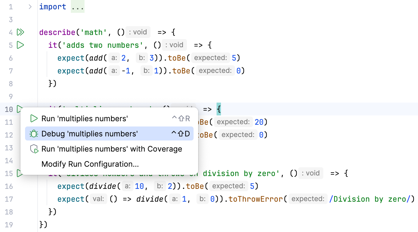 Debug one Vitest test from the editor