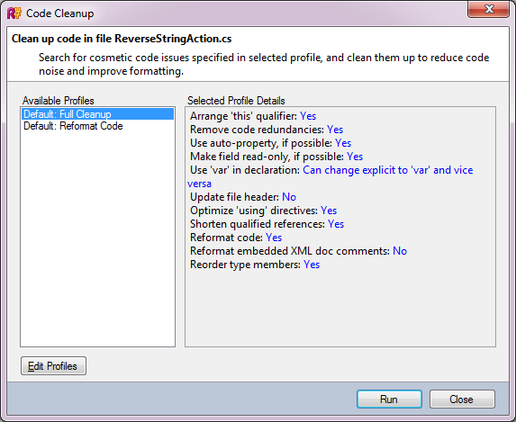 Code cleanup dialog showing available profiles