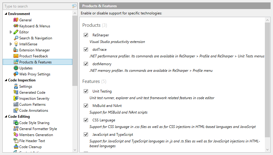 Features in ReSharper's options