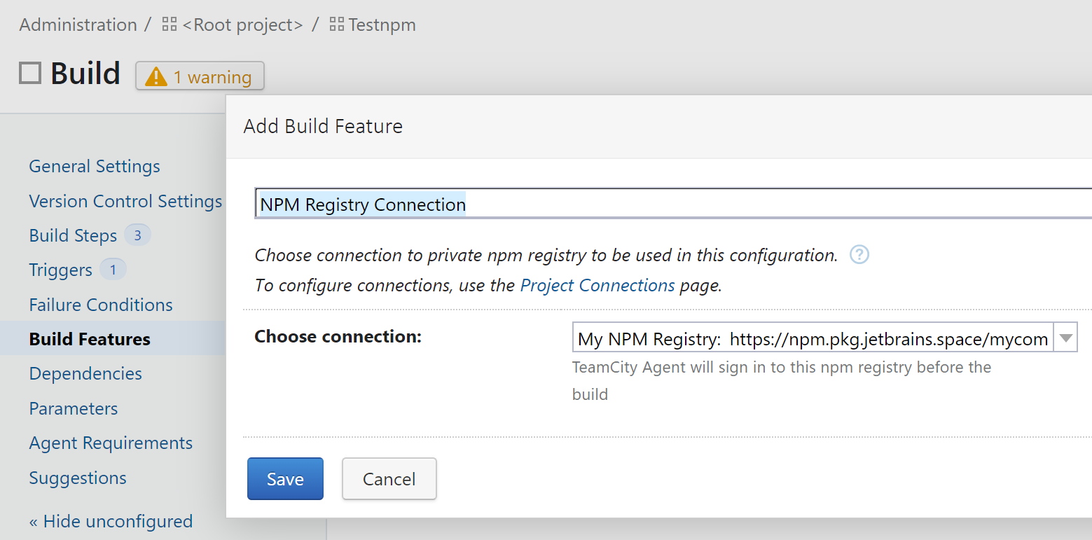 TeamCity. Add npm registry connection