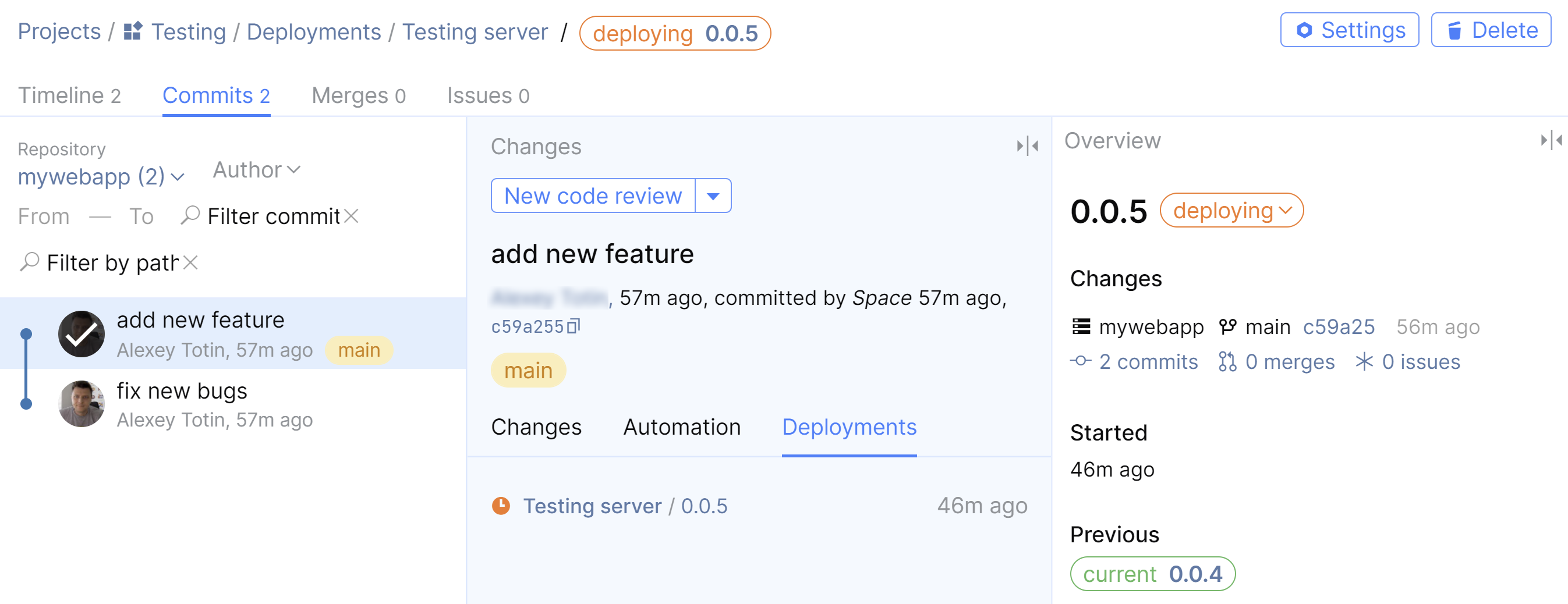Commit Deployments page