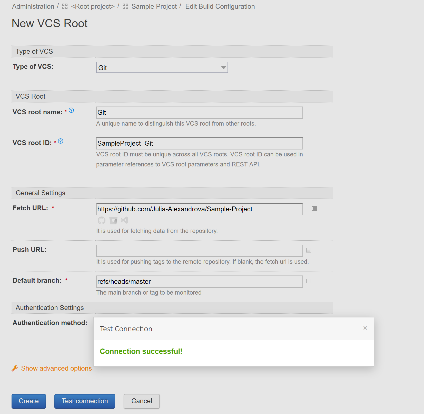 Created vcs root