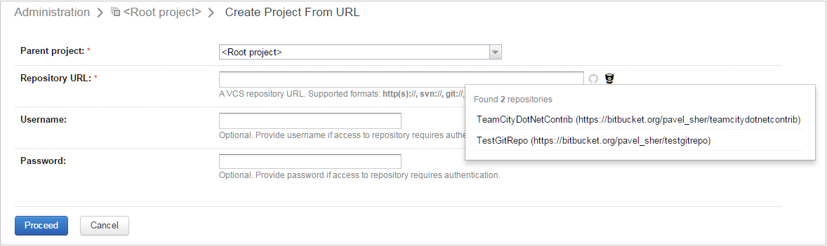 Available Bitbucket repositories