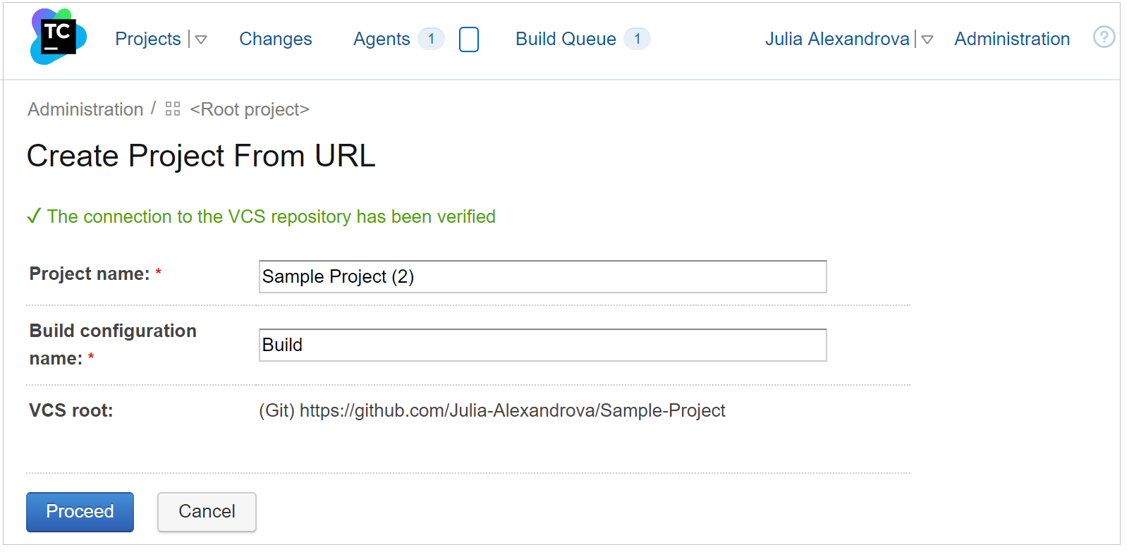 Create a project from a repository URL, Step 2