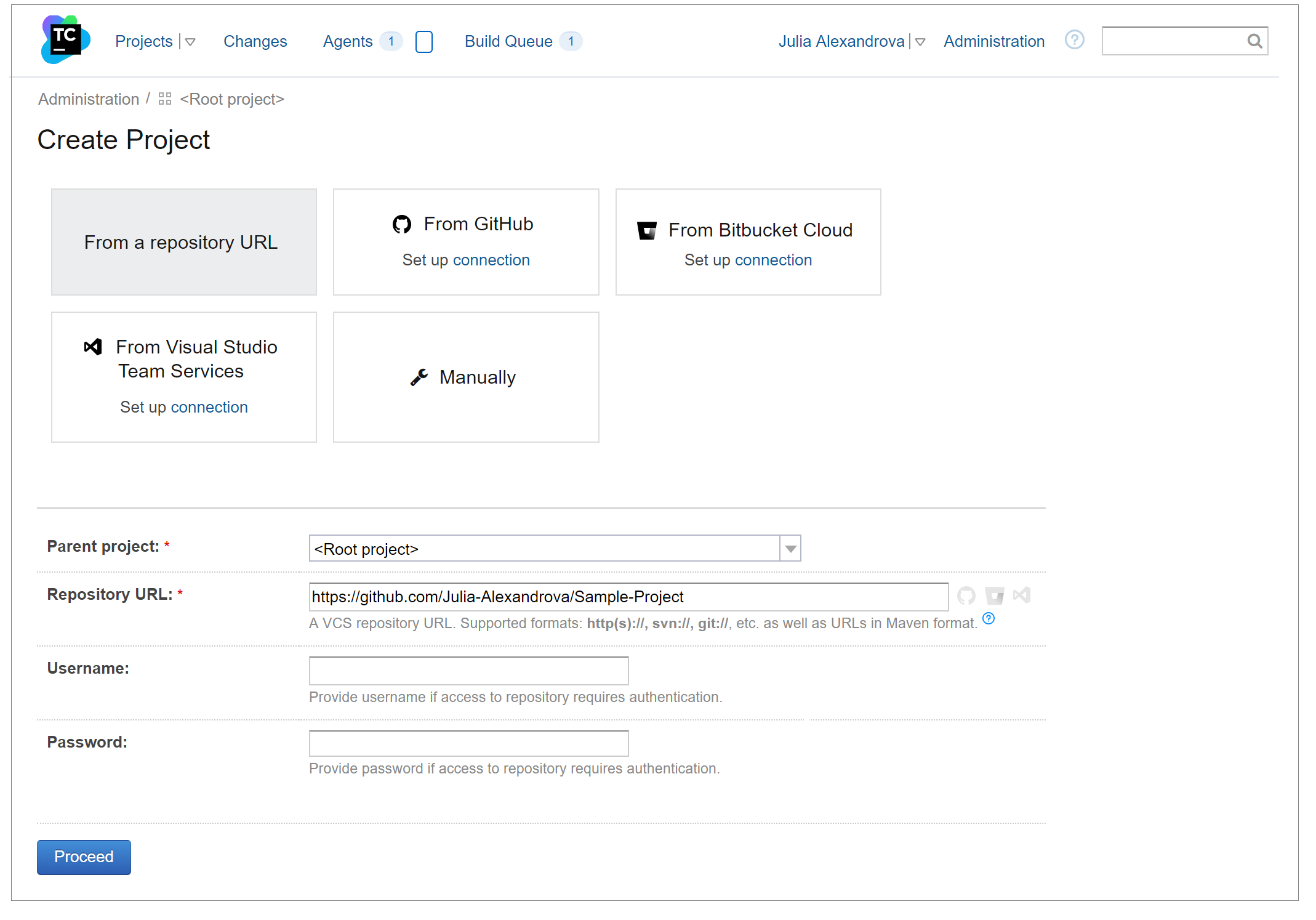 Create a project from a repository URL, Step 1 Create a project from a repository URL, Step 1