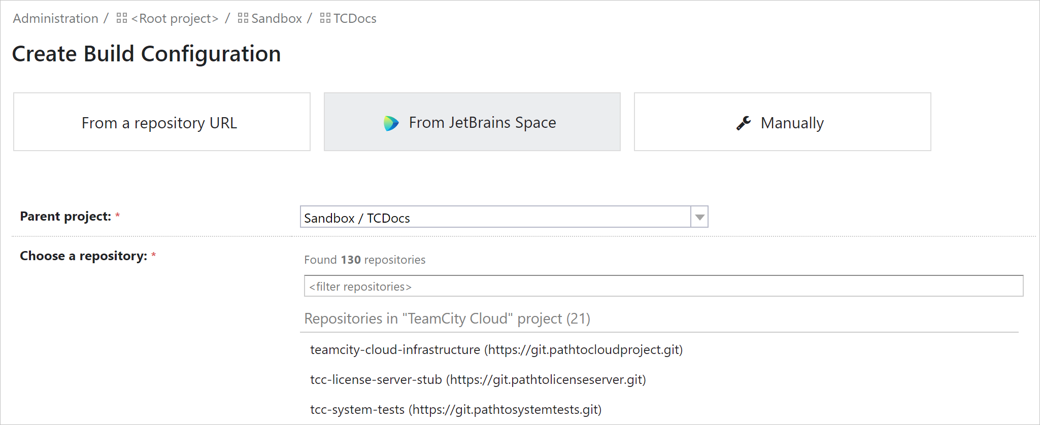 Creating a project from JetBrains Space