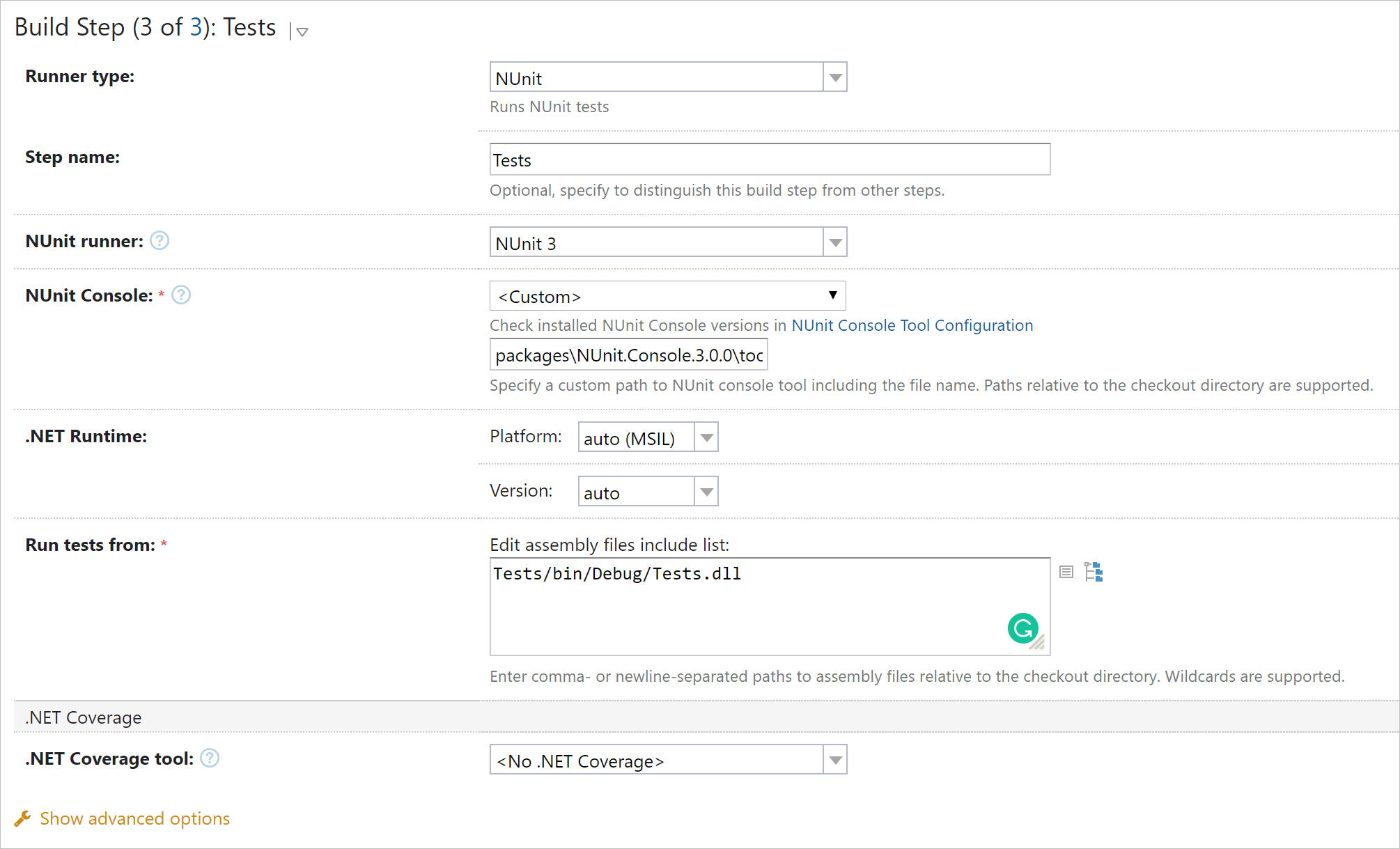 Build step: NUnit