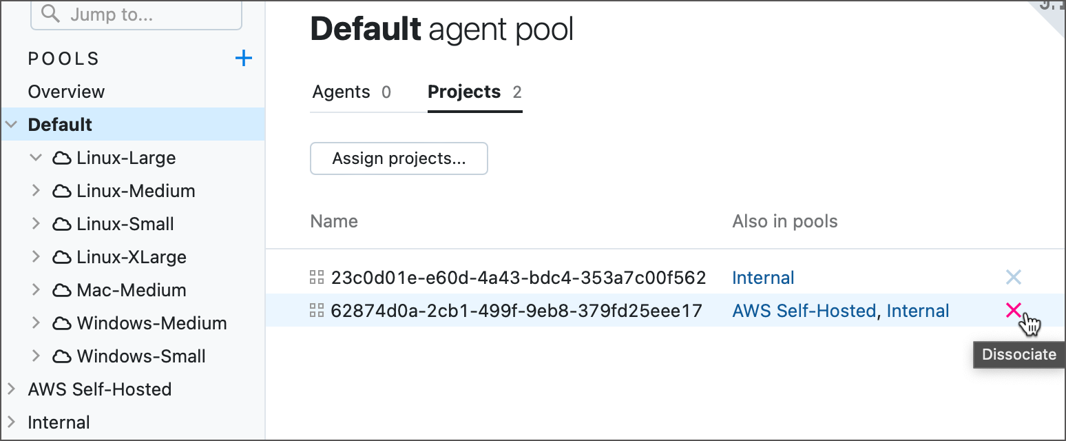 The Projects tab of the agent pool settings page