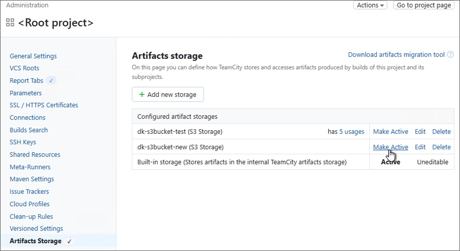 Activate target project storage