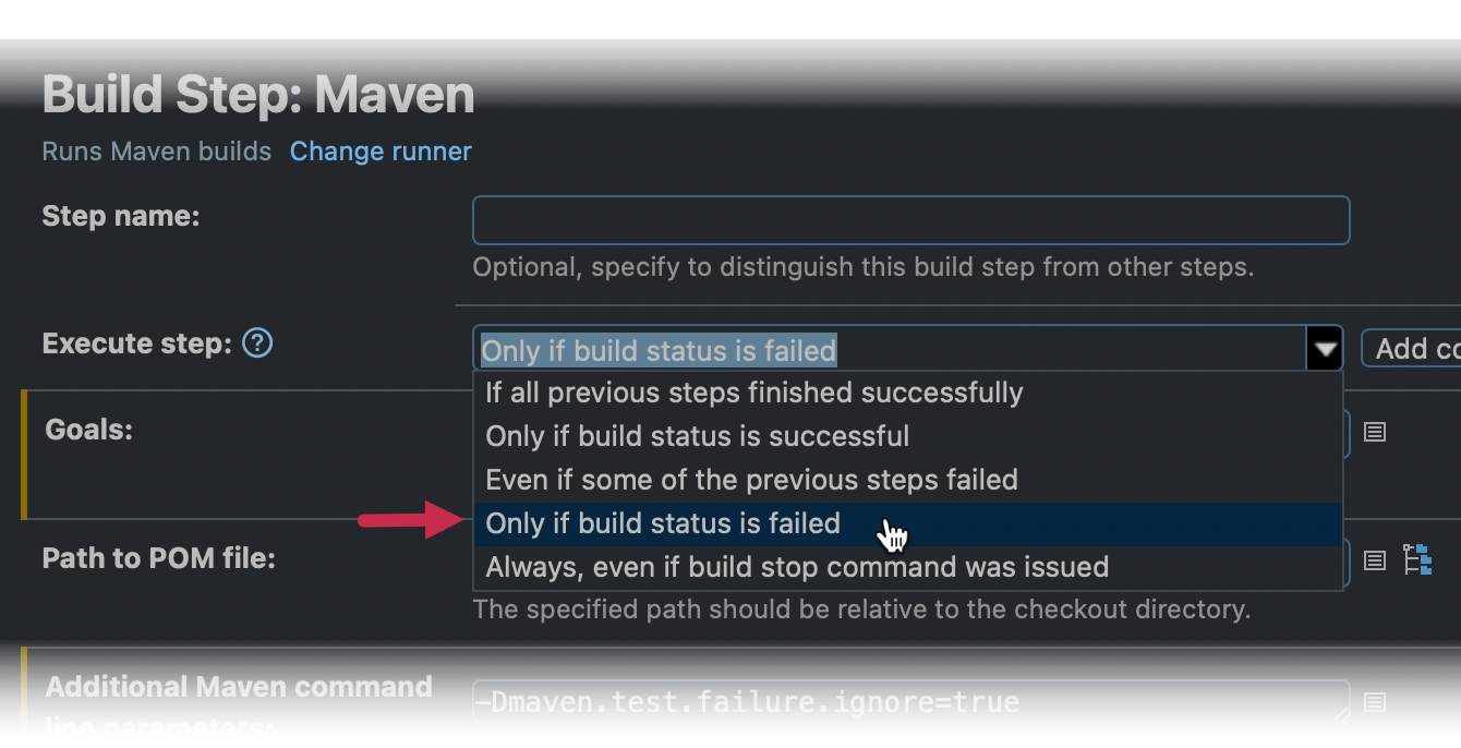 Run the build step only when the build fails