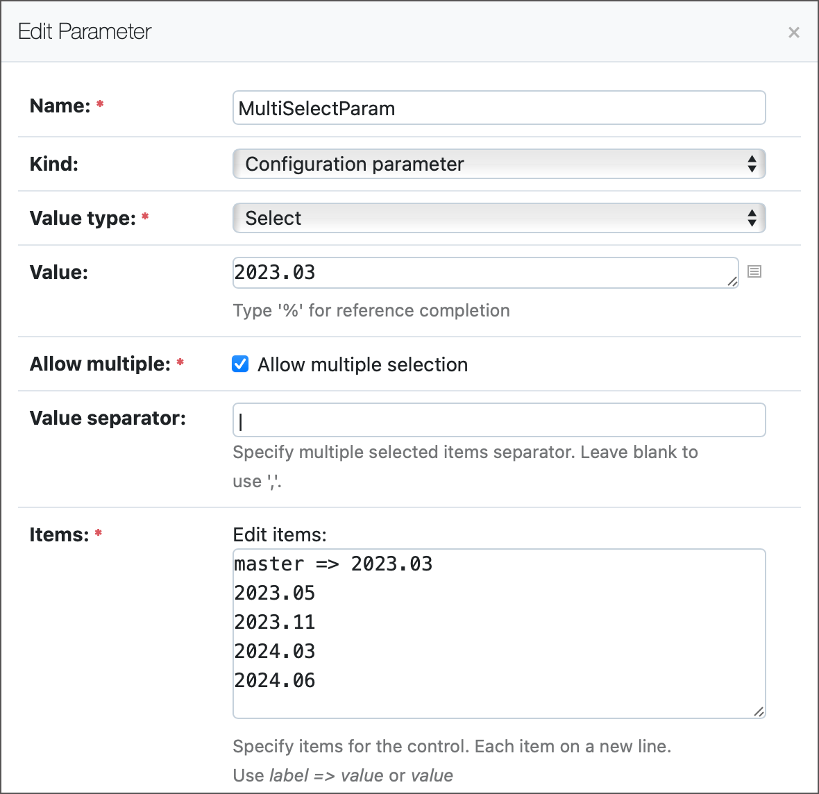 Multiselect parameter UI settings