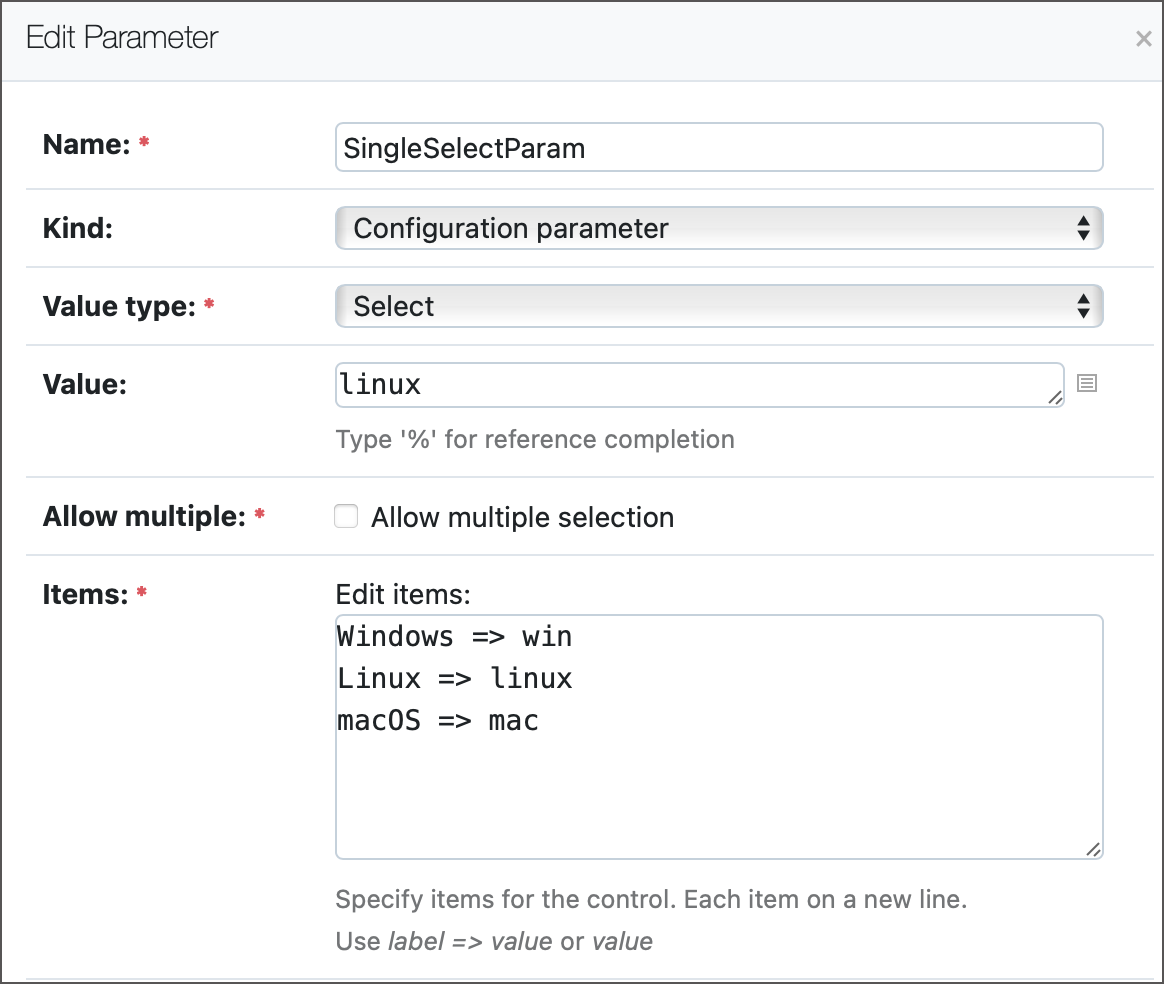 Single select parameter settings