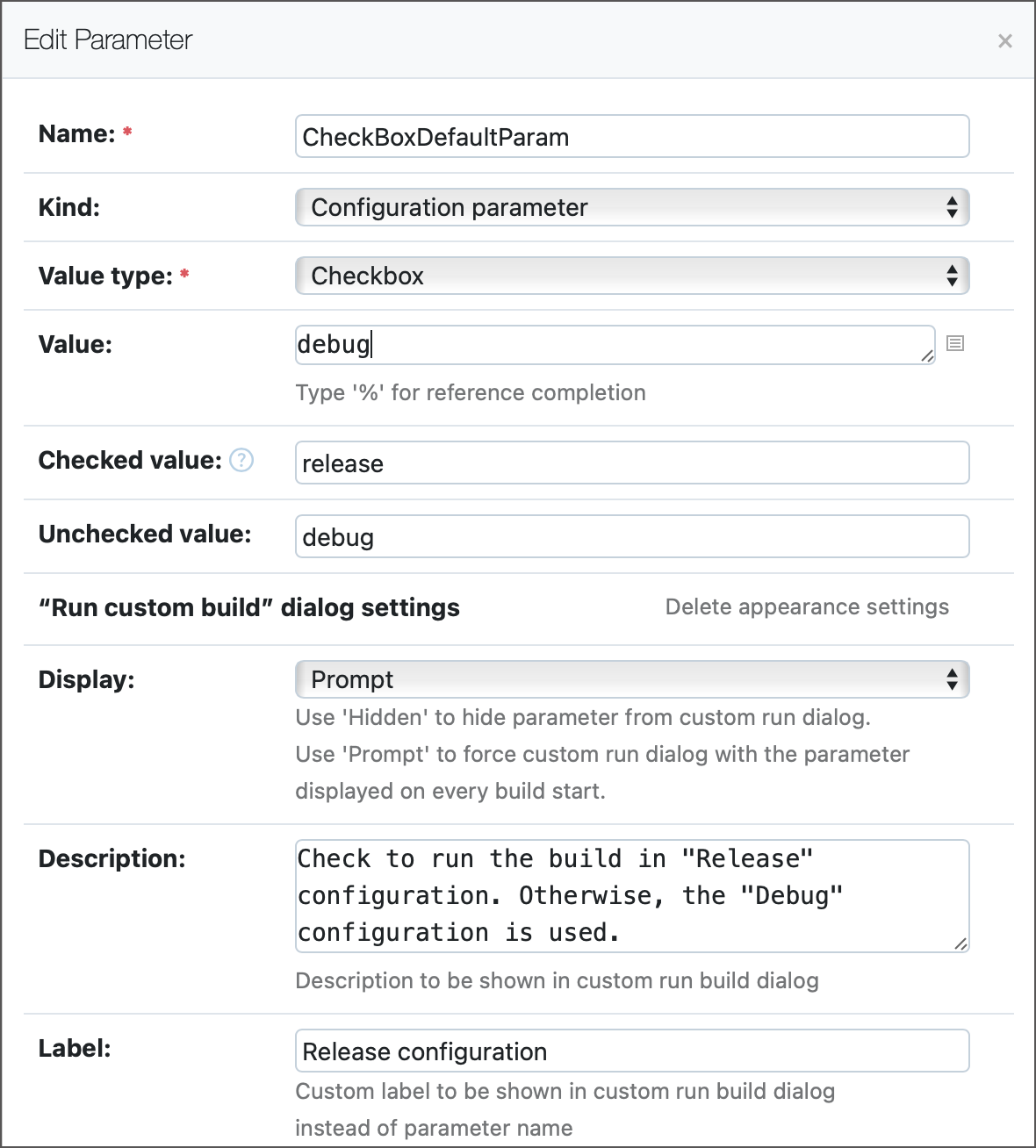 Checkbox parameter settings