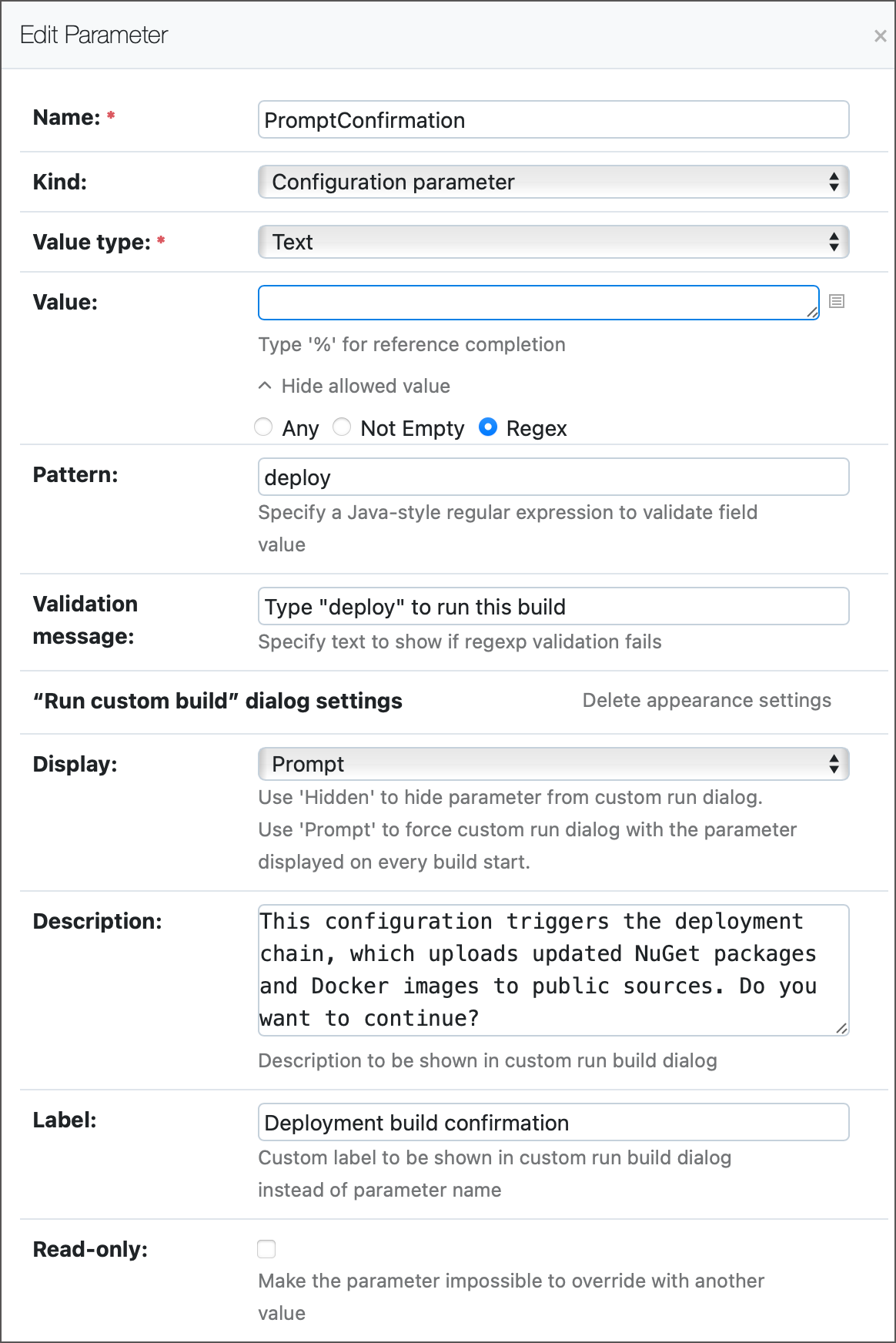 Prompt dialog settings