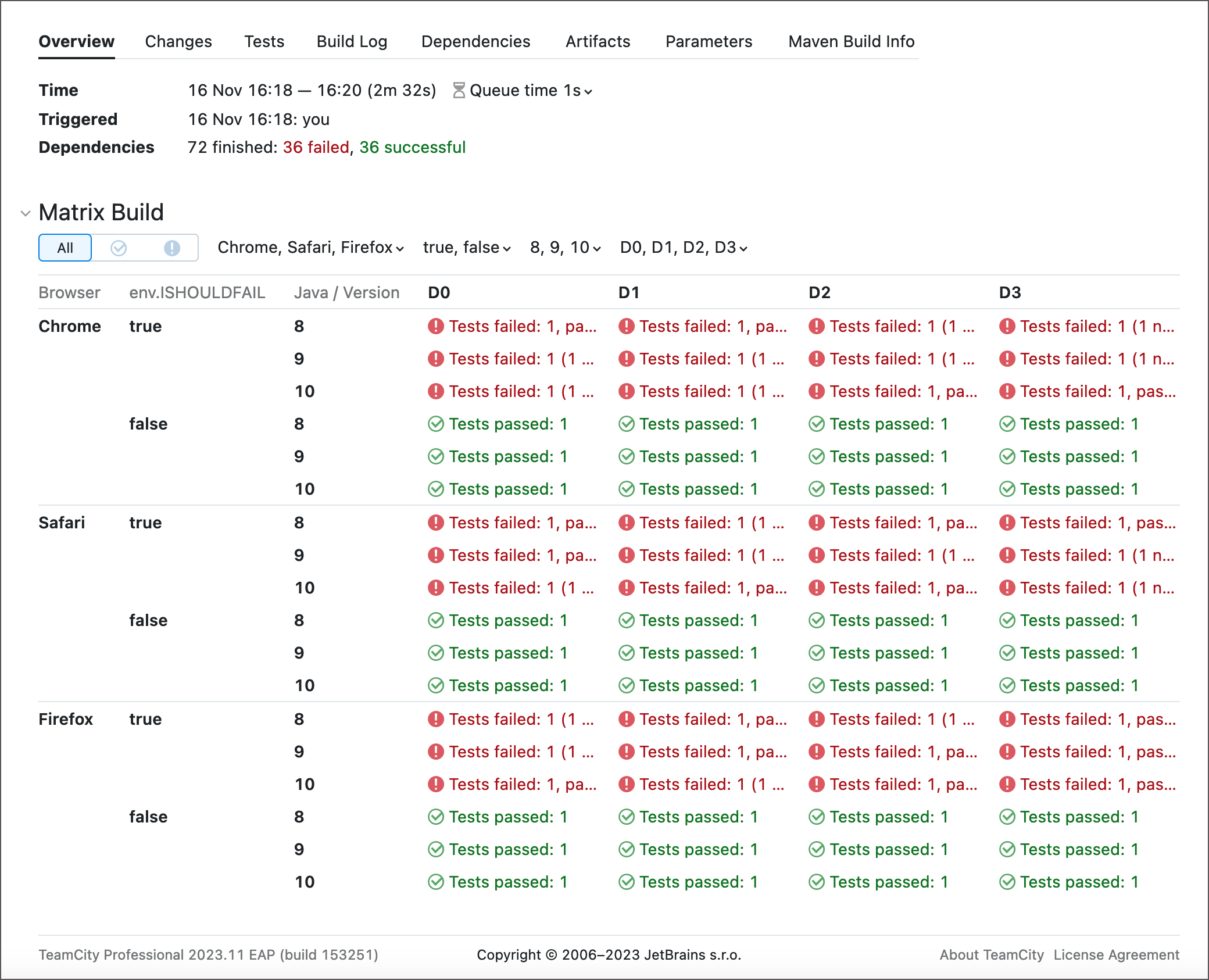 Matrix Build Summary screen