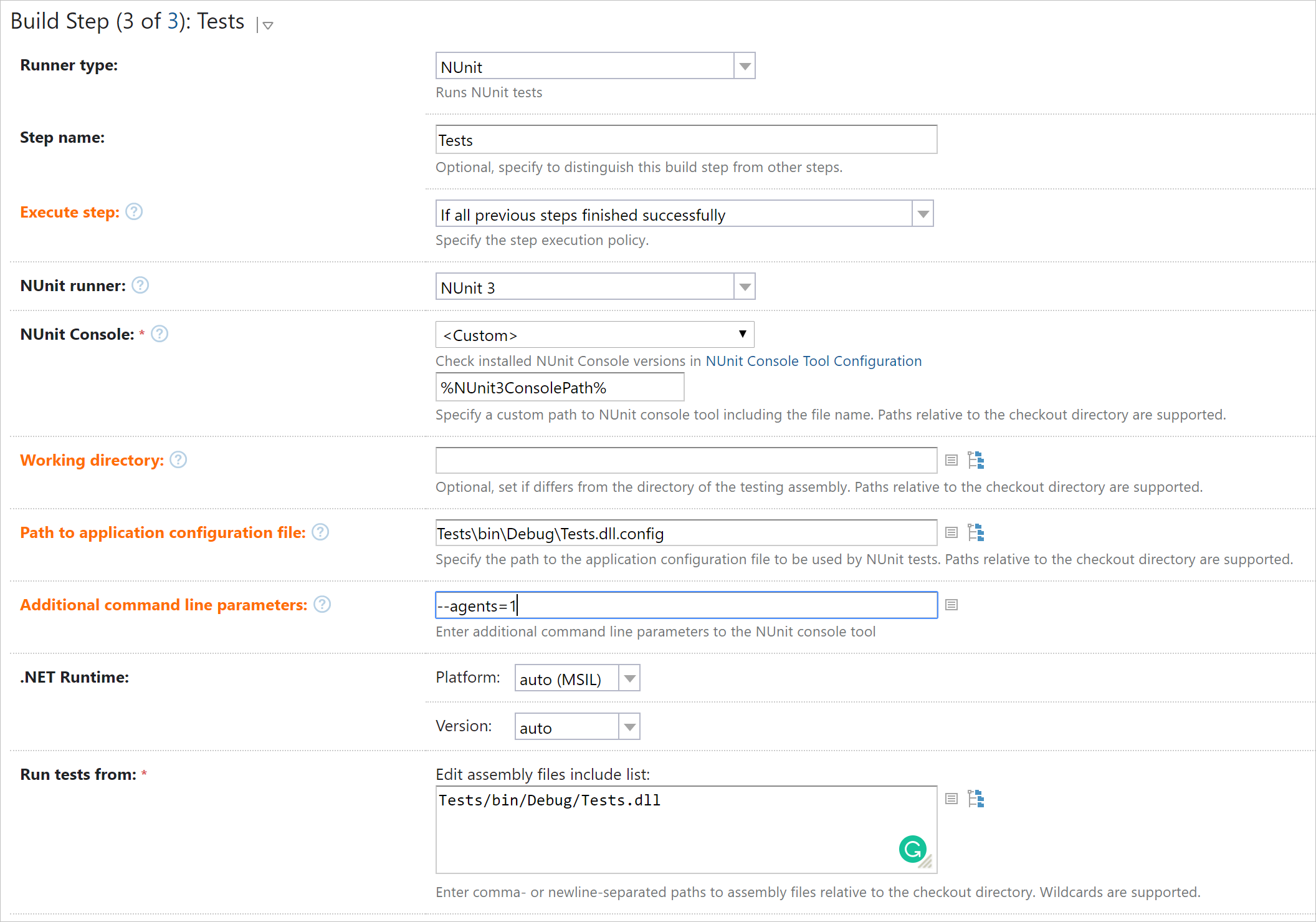 Build step: NUnit, advanced options