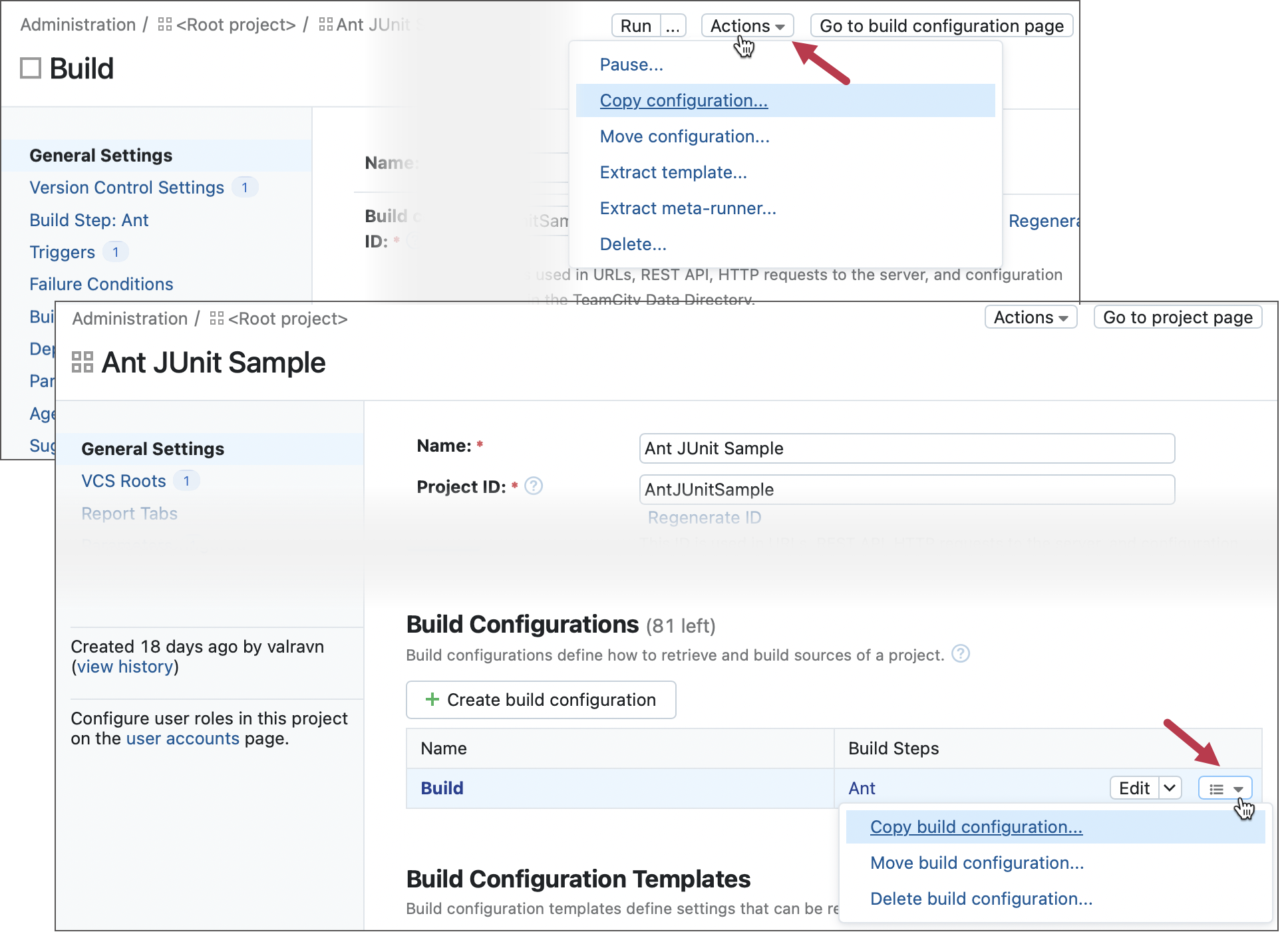 Build Configuration Actions Menu