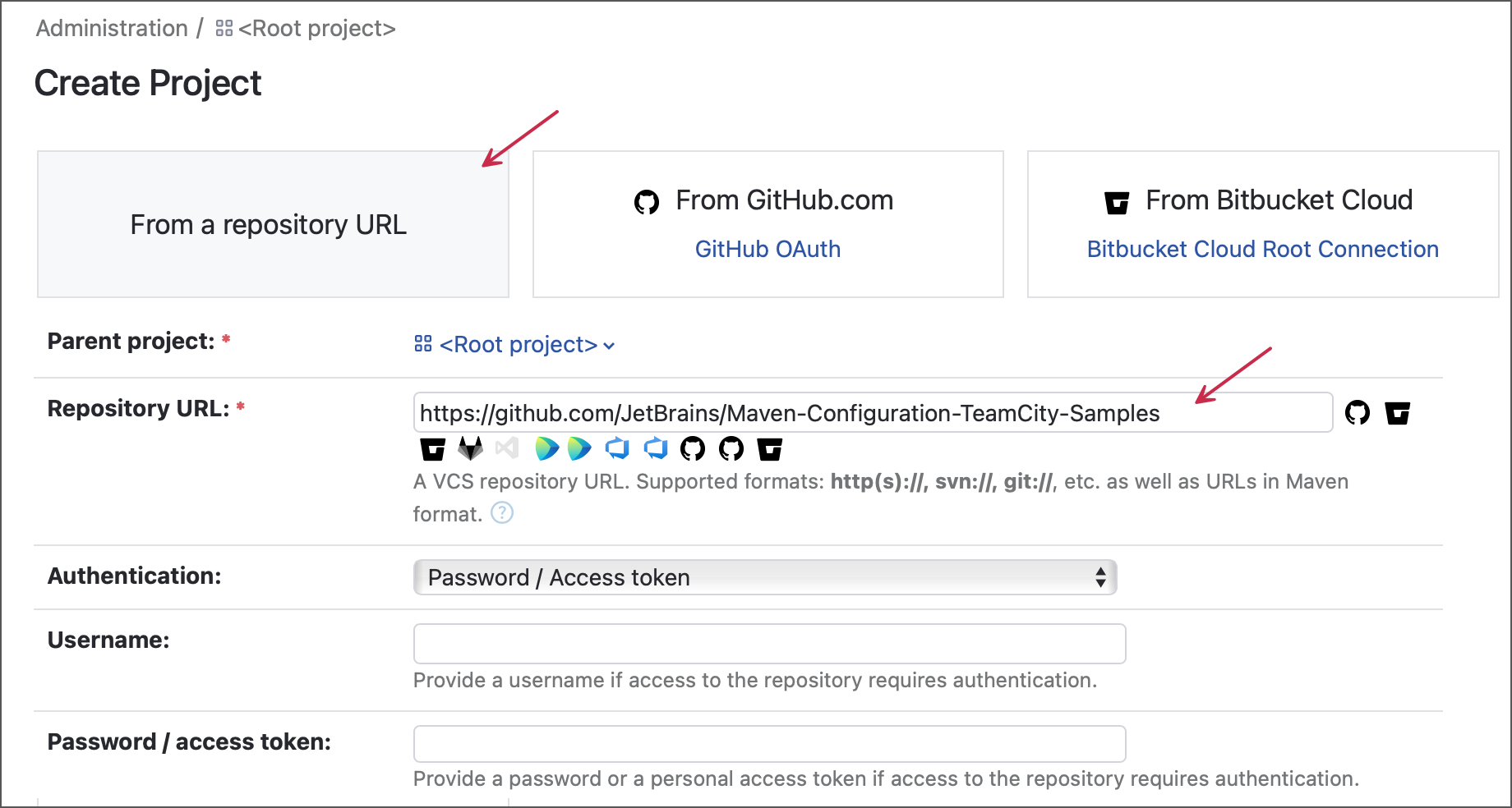 Create a project from a repository URL, Step 1