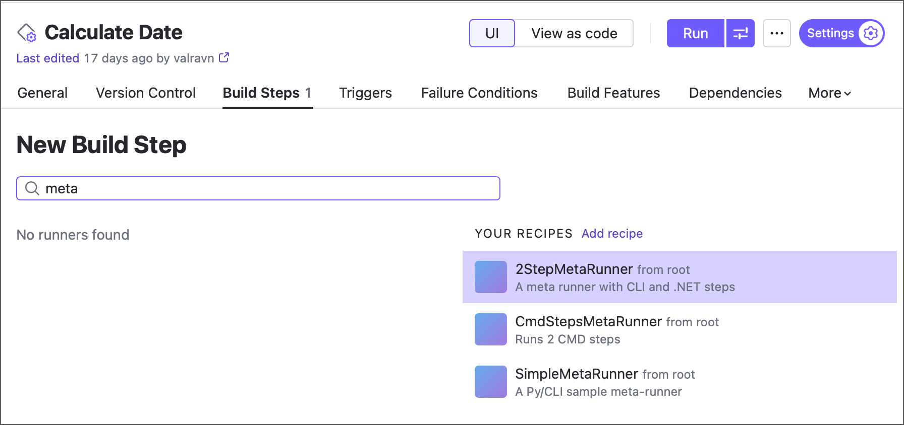 Recipes on the Add Build Step page Recipes on the Add Build Step page