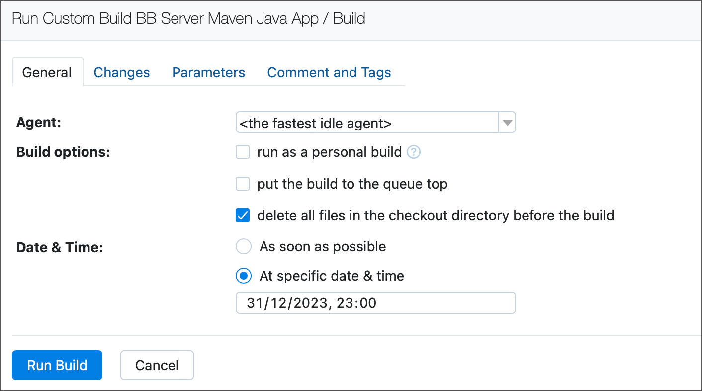 Run custom build dialog, General Settings tab Run custom build dialog, General Settings tab