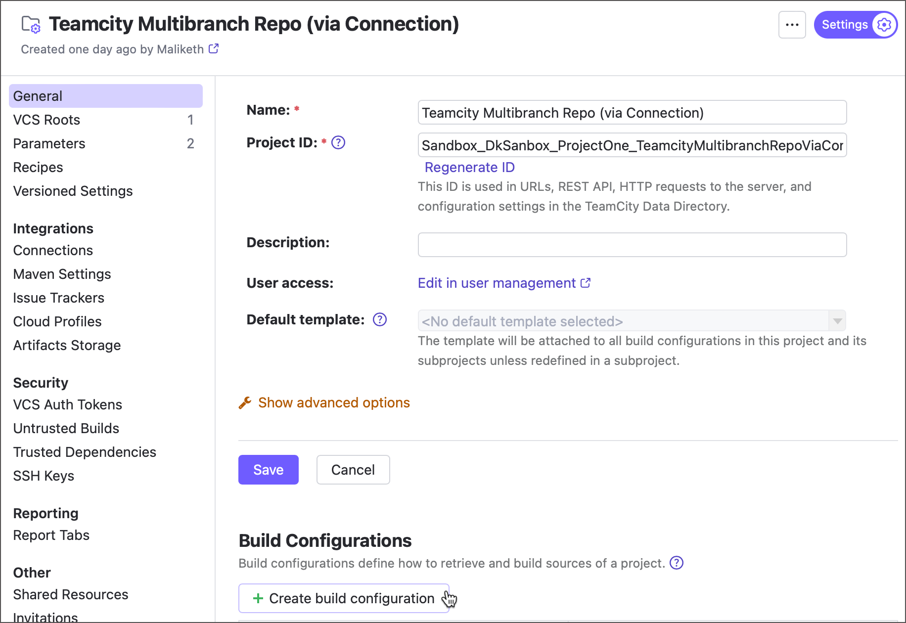 Create new build configuration via button