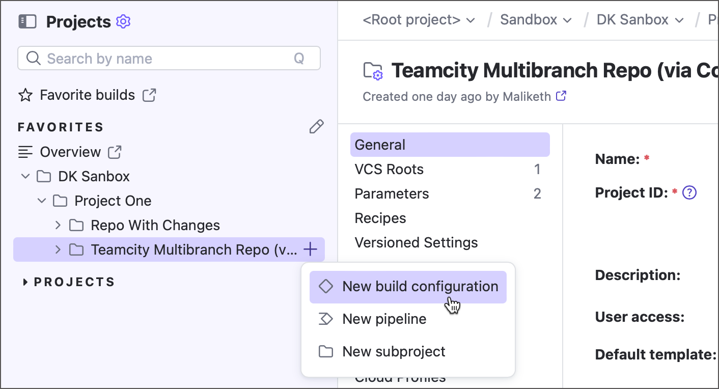 Create new build configuration via sidebar