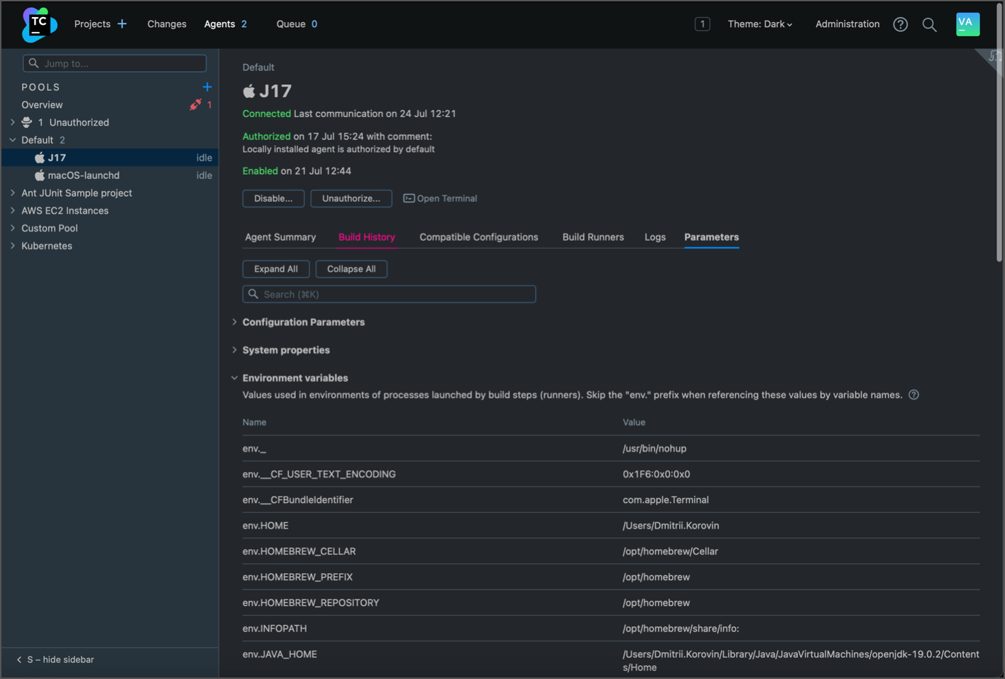 New Agent Parameters tab New Agent Parameters tab