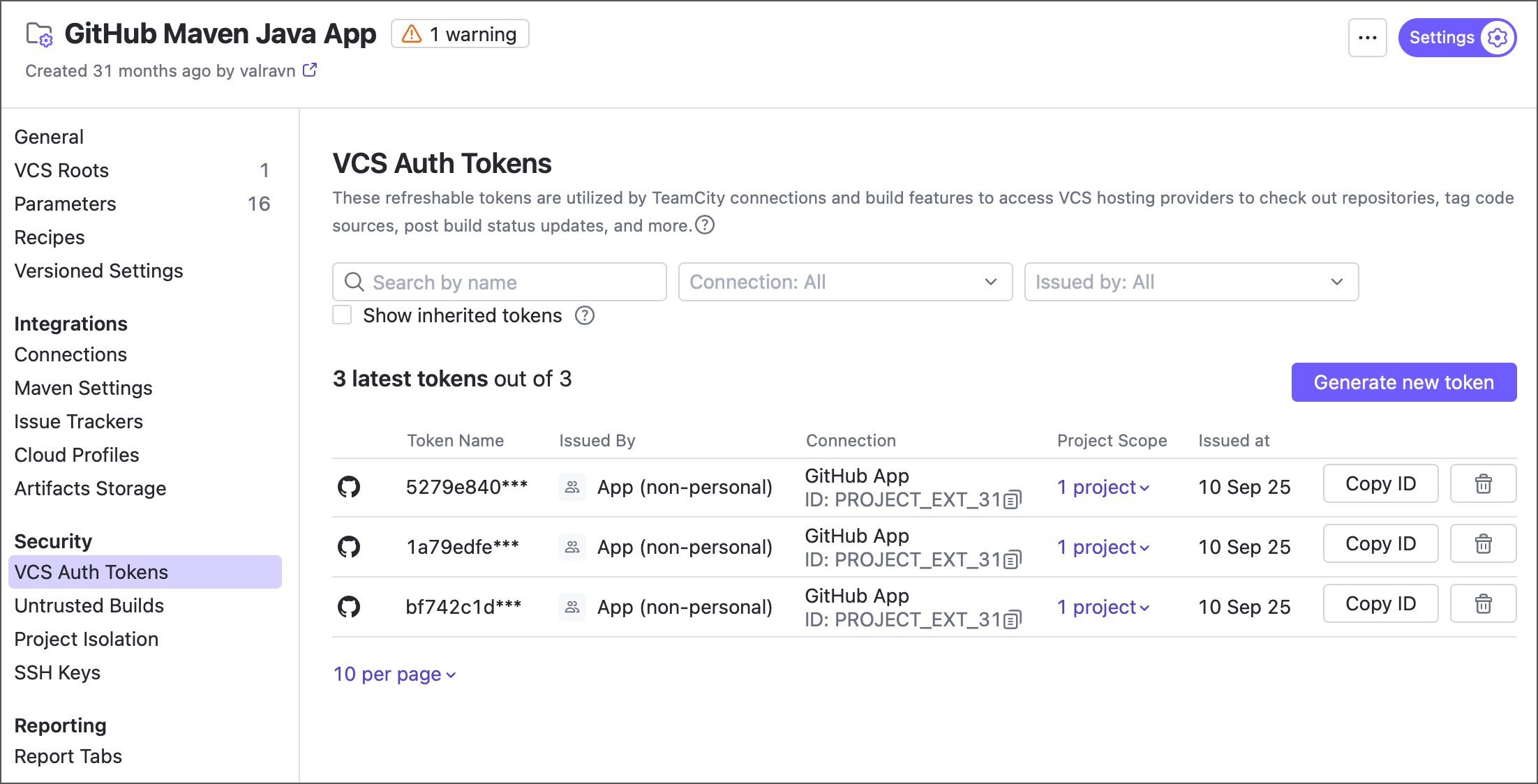 Tokens generated via the endpoint shown on the project VCS Auth Tokens page