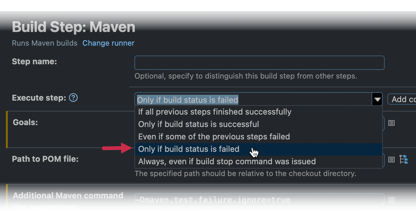 Run the build step only when the build fails Run the build step only when the build fails